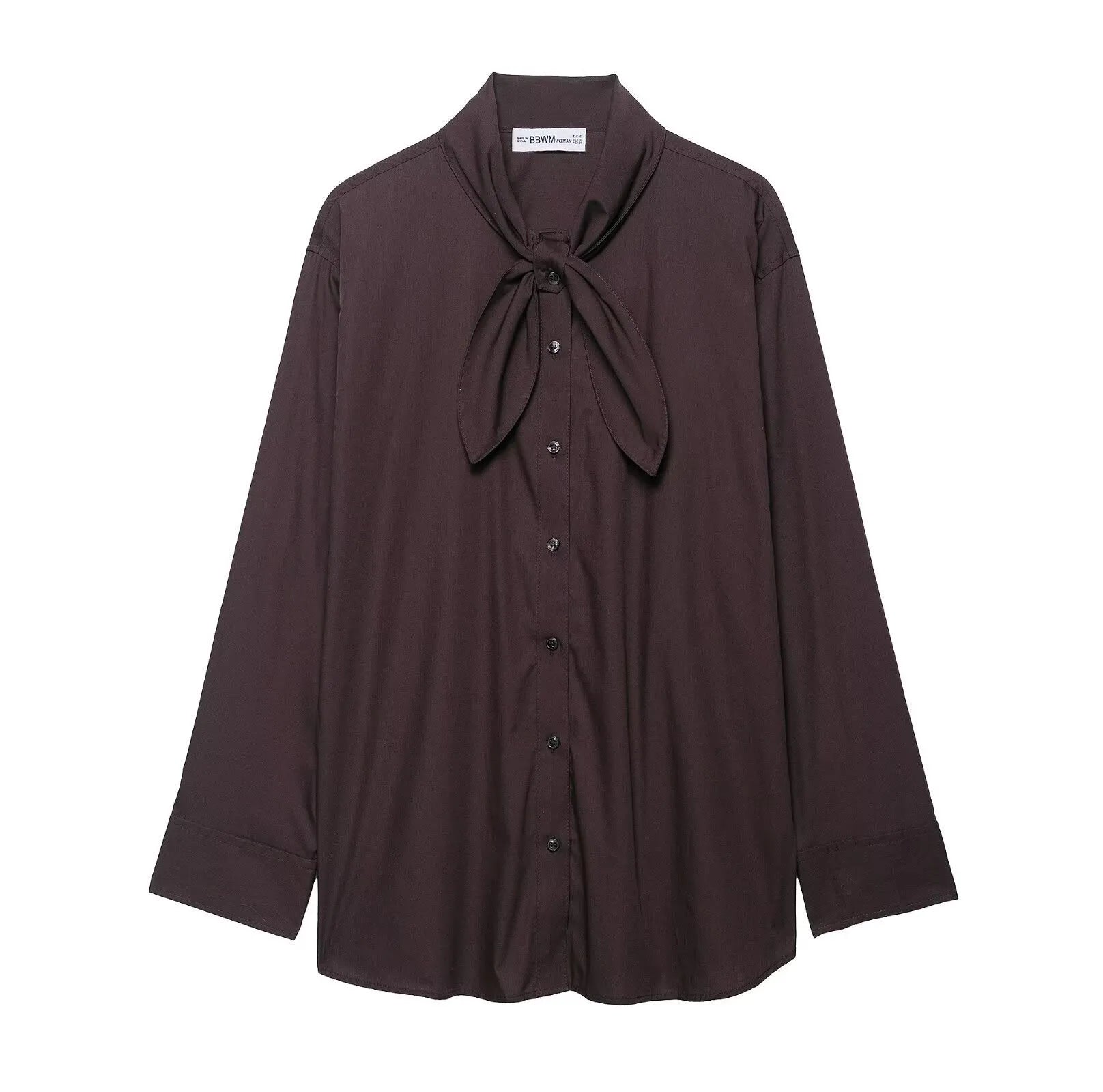Brown women's poplin shirt with bow tie scarf detail, loose fit design