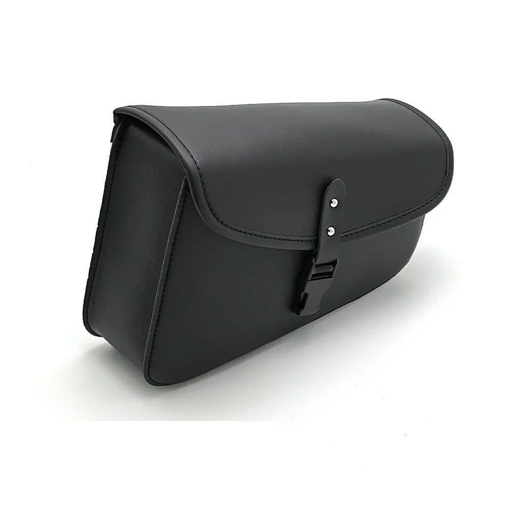 Black PU leather motorcycle swingarm saddlebag mounted on Sportster showing 30cm length dimensions