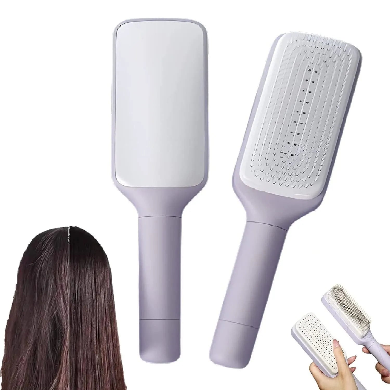 Self-cleaning hair brush with anti-static massage comb in purple colour