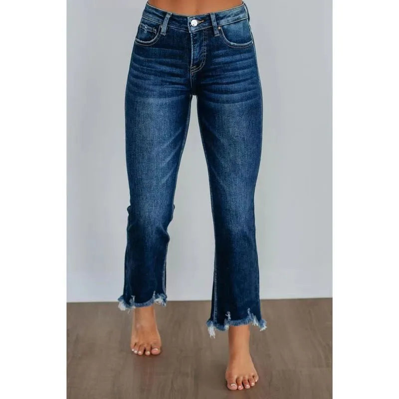 Women's solid colour denim trousers with hand-worn distressing in dark blue and light blue washes