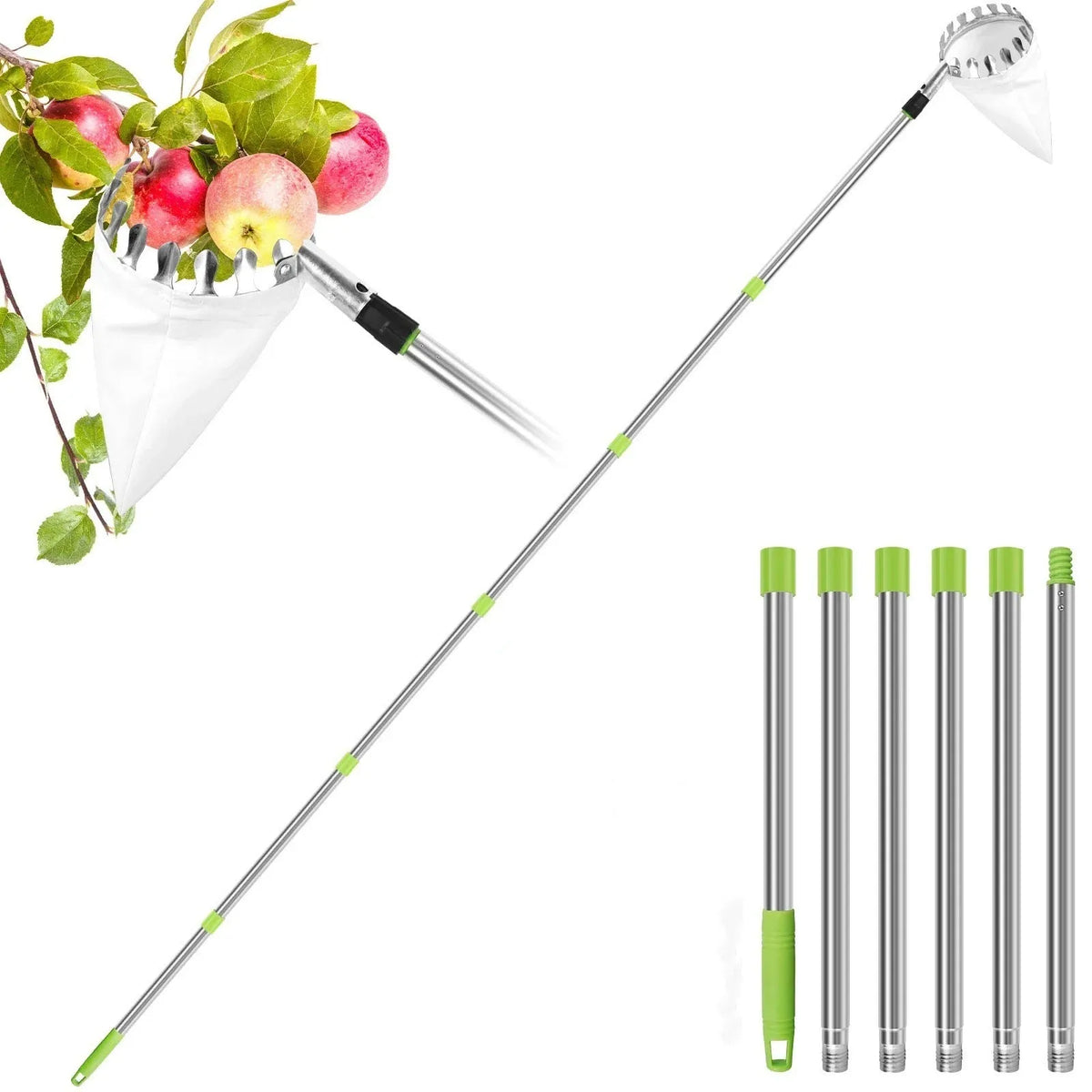 Stainless steel splicing rod fruit-picking device with 1.6m reach for harvesting apples and other fruit