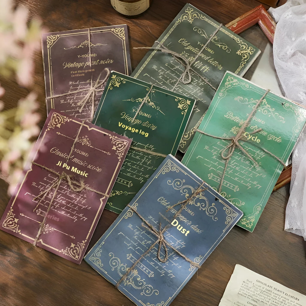 Retro literary notebook with six decorative design options on printed paper