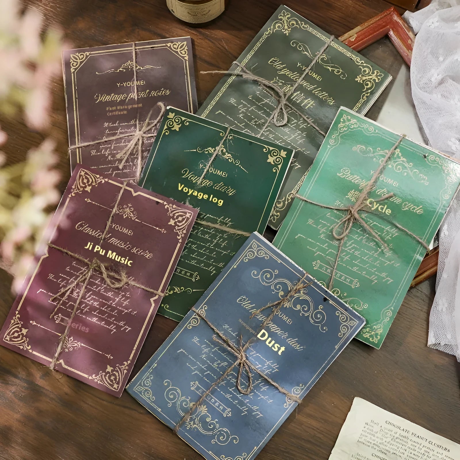 Retro literary notebook with six decorative design options on printed paper