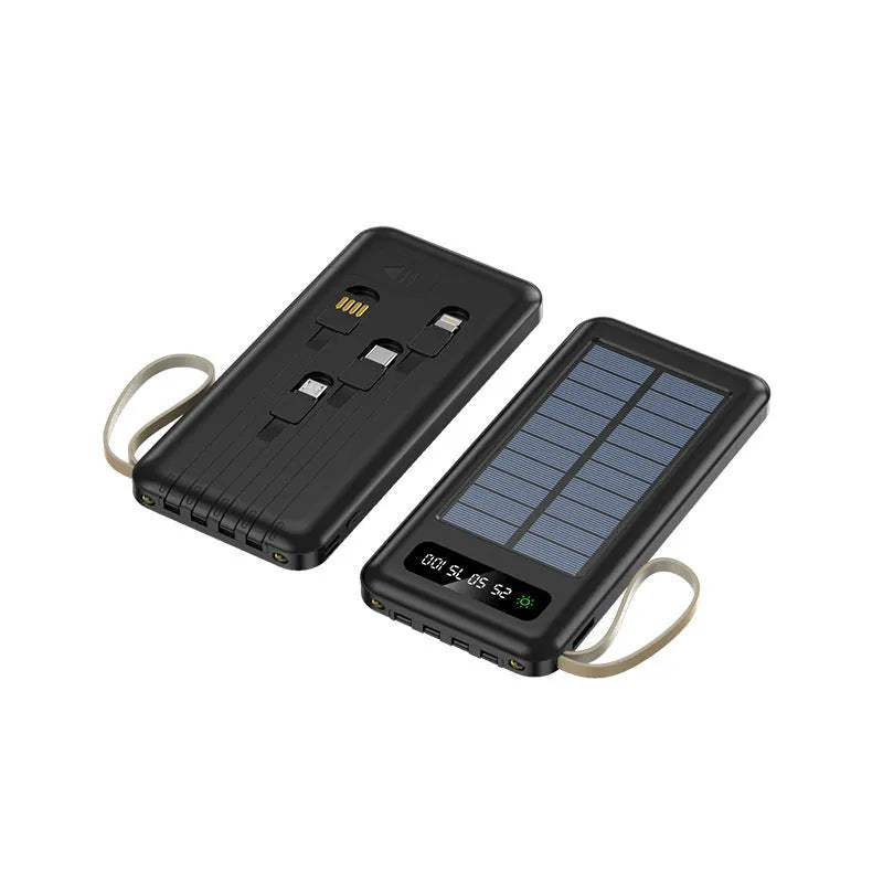 Black and white solar power bank with digital capacity display and a multi-connector charging cable