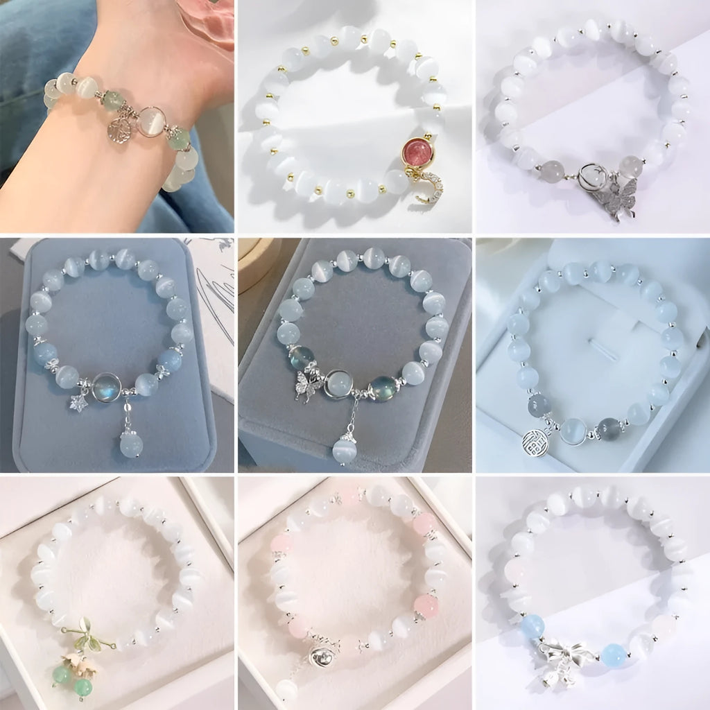 Close-up of electroplated opal cat's eye beaded bracelet for women with diamond-shaped charm