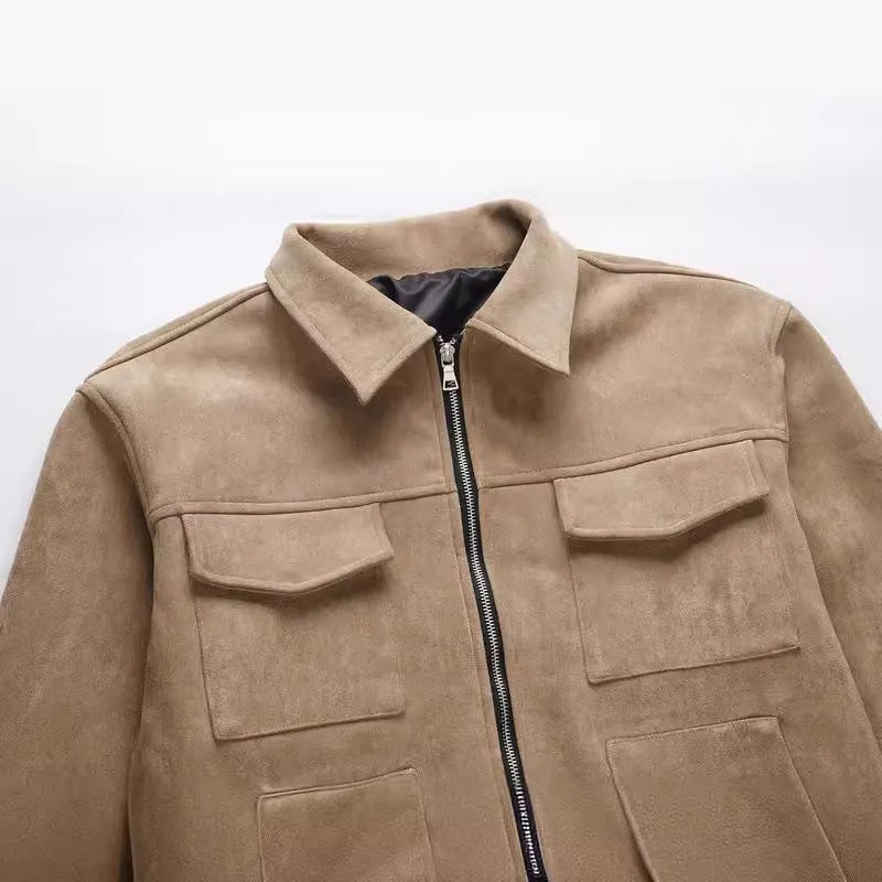 Men's slim fit jacket coat with zippered pockets in camel colour with polyester lining