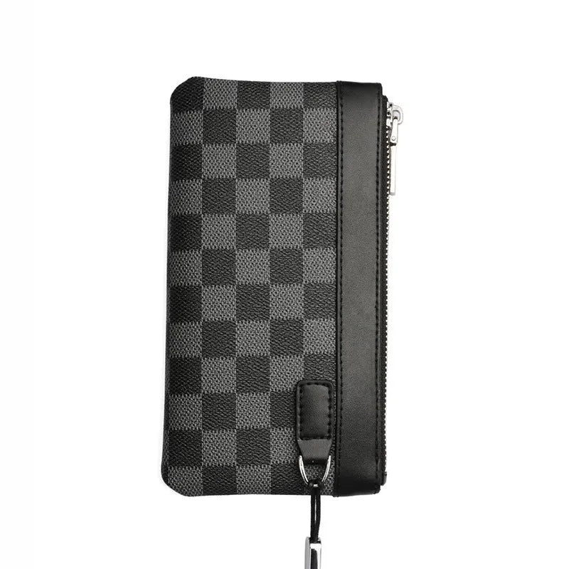 Black plaid clutch style men's leather wallet made from genuine cowhide, shown closed.