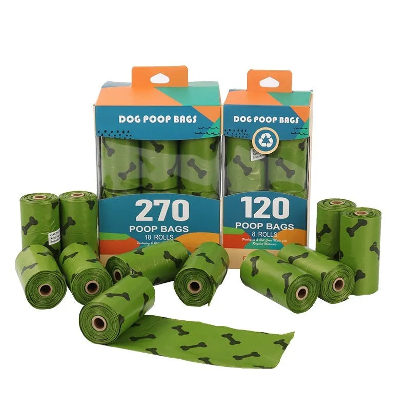 Roll of military green degradable dog poop bags with black bone print, showing bag size of 23x33cm.