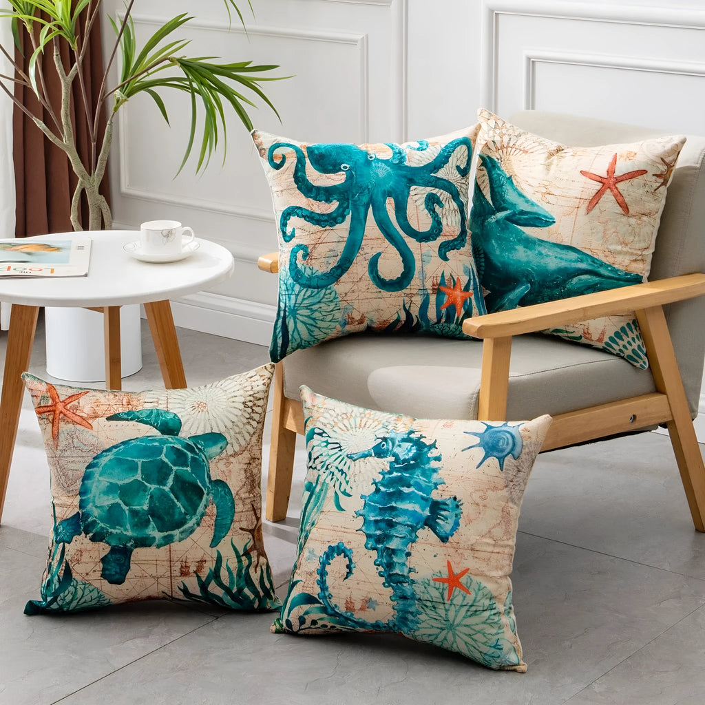 Linen cushion cover with sea turtle pattern measuring 45x45cm with invisible zipper