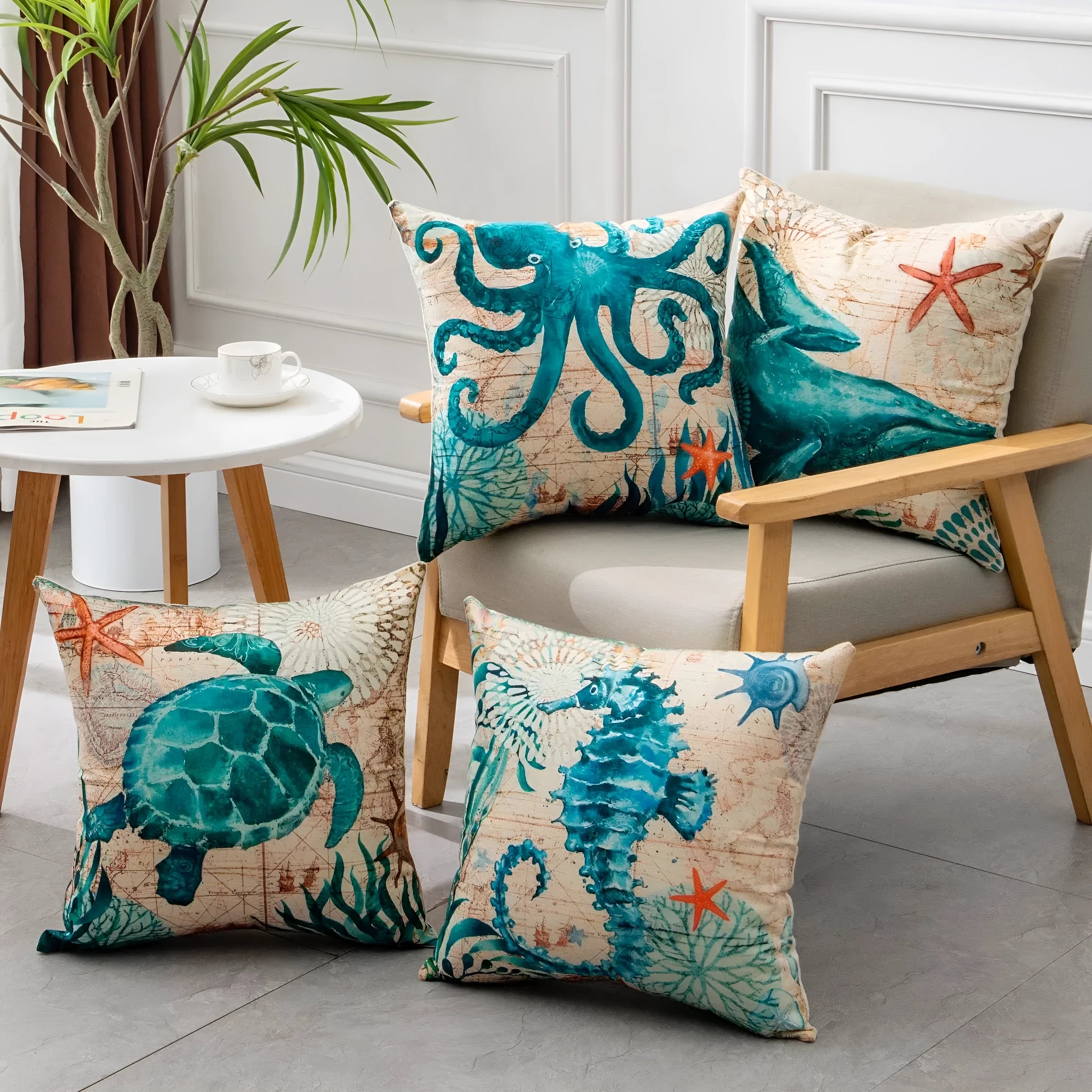Linen cushion cover with sea turtle pattern measuring 45x45cm with invisible zipper