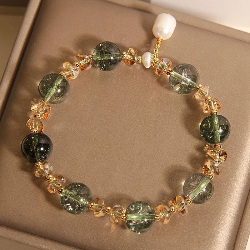 Green phantom quartz crystal bracelet with champagne small gravel crystals in Japanese Korean style