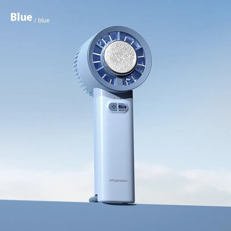 White and light blue handheld portable fan with touch controls and three blades.