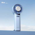 White and light blue handheld portable fan with touch controls and three blades.