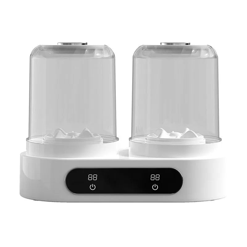 White double bucket USB mini washing machine with two compartments and a mechanical timer on a white background.