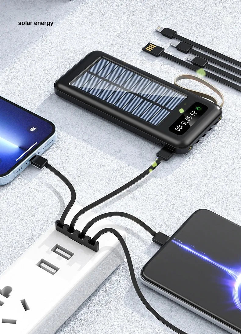 Black and white solar power bank with digital capacity display and a multi-connector charging cable