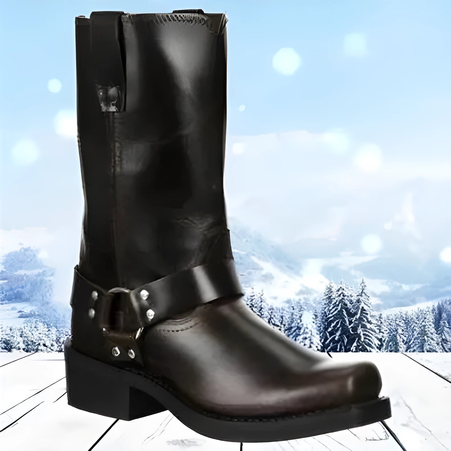 Men's brown vintage cowboy boots with a large silver belt buckle ring detail on the side.