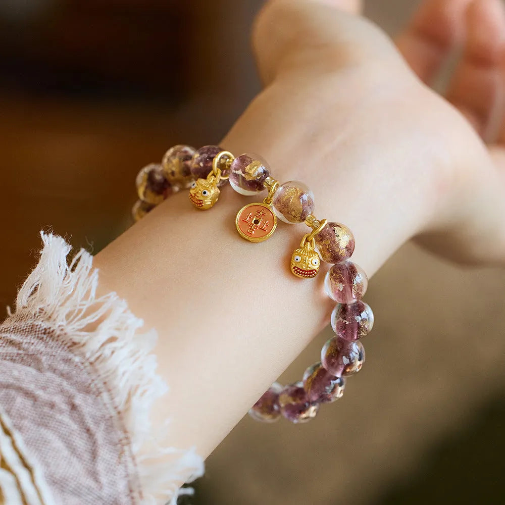 Handmade coloured glaze bracelet with gold foil swallowing gold beast pattern in seven colour options