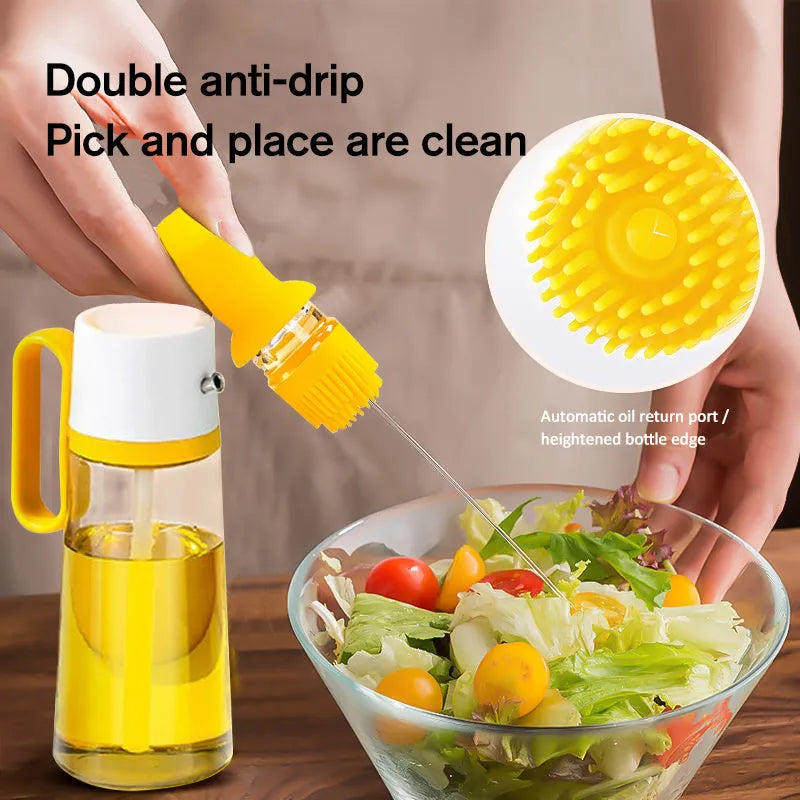 Yellow 2 in 1 oil dispenser with silicone brush next to glass bottle