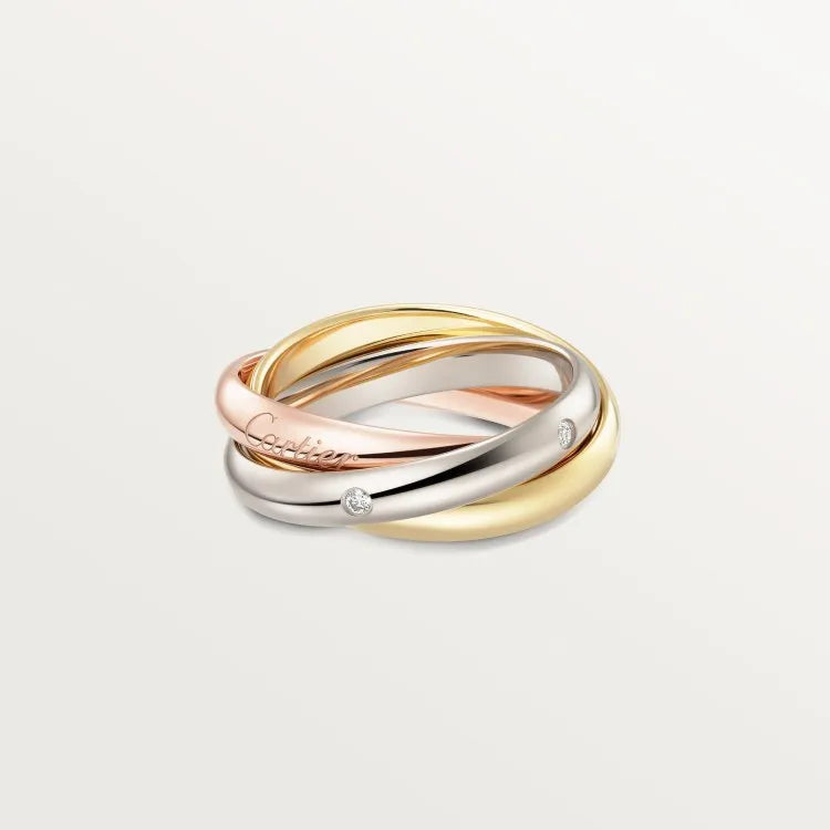 Geometric U-shaped sterling silver couple ring with a channel of sparkling diamonds, shown in a gold rose finish.