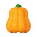 Bright orange pumpkin-shaped plastic dog toy with a blue rope handle attached.