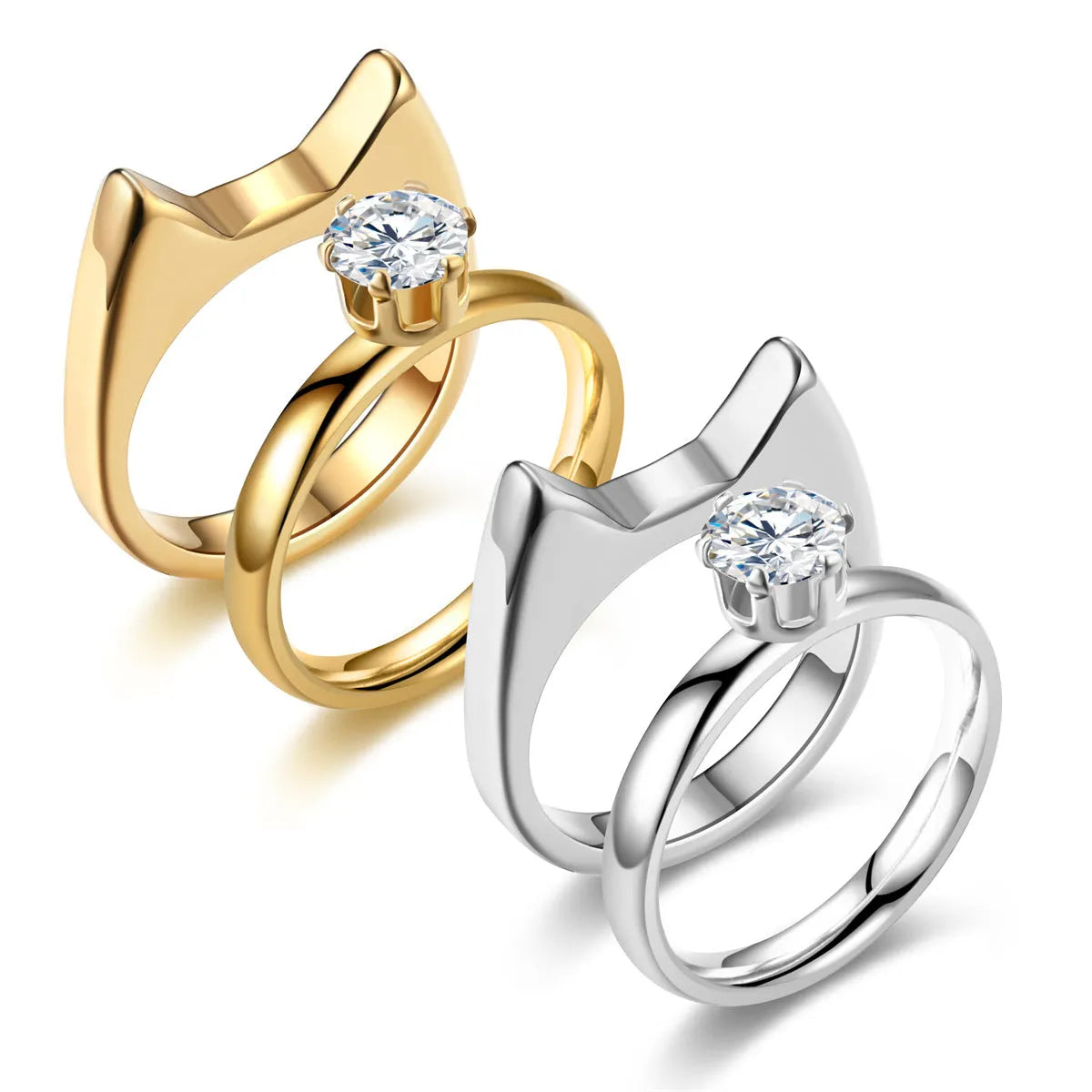 Polished stainless steel cat ear ring in gold finish, side view on white background, size No9