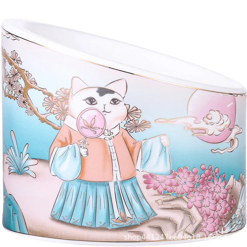Ceramic high-leg cat bowl with double compartments and slanted mouth Chinese design