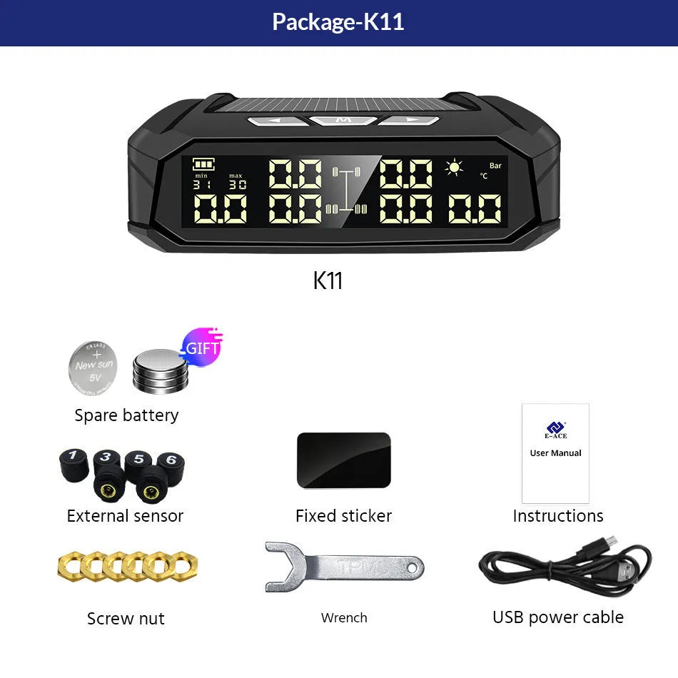 Solar tyre pressure monitor display unit with colour screen next to six external sensors for trucks.