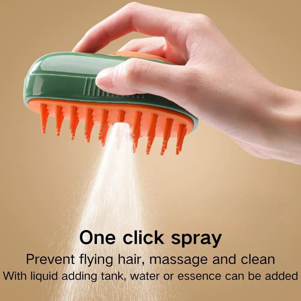 Green and white 3-in-1 cat steam brush with silicone teeth and water spray function, shown with size scale.