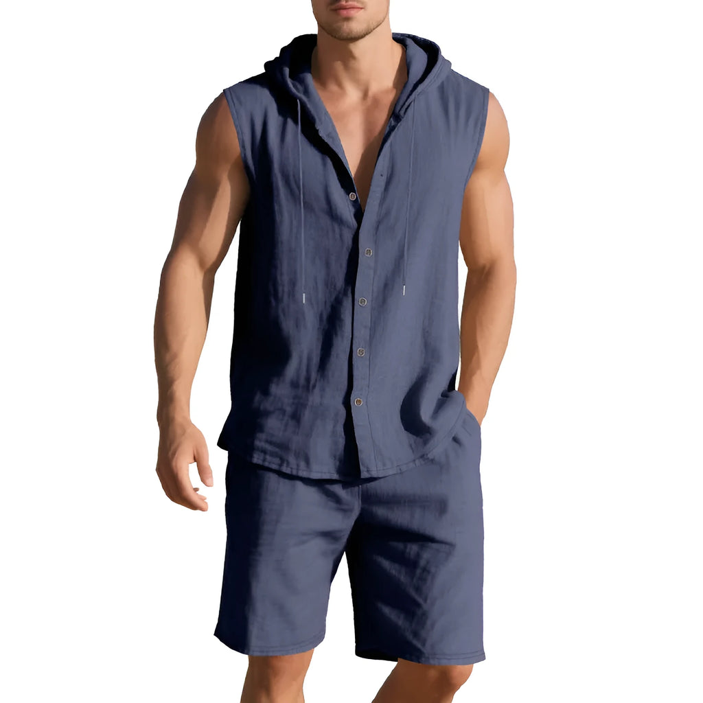 Men's sleeveless linen shirt and shorts suit set on a hanger, shown in a light colour.
