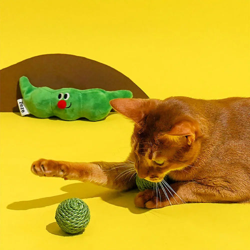 Three green sisal rope cat toy balls with rustling soundstone next to pea pod storage bag
