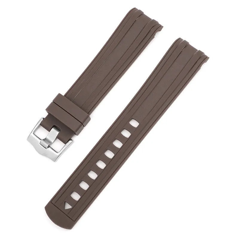 20mm Apple Watch replacement strap in multiple colours with silver buckle, shown fitting a watch.
