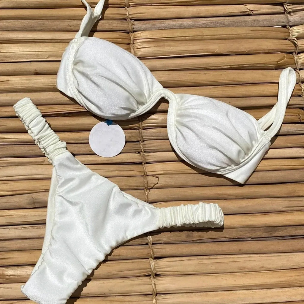 Women's underwire bikini swimsuit set in Khaki, White, or Black colours.