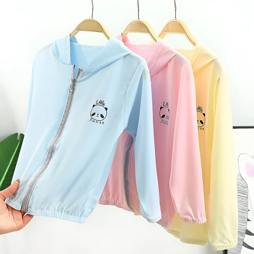 Children's Ice Silk sun protection jacket in light greenish blue, hooded and lightweight for summer outdoor use
