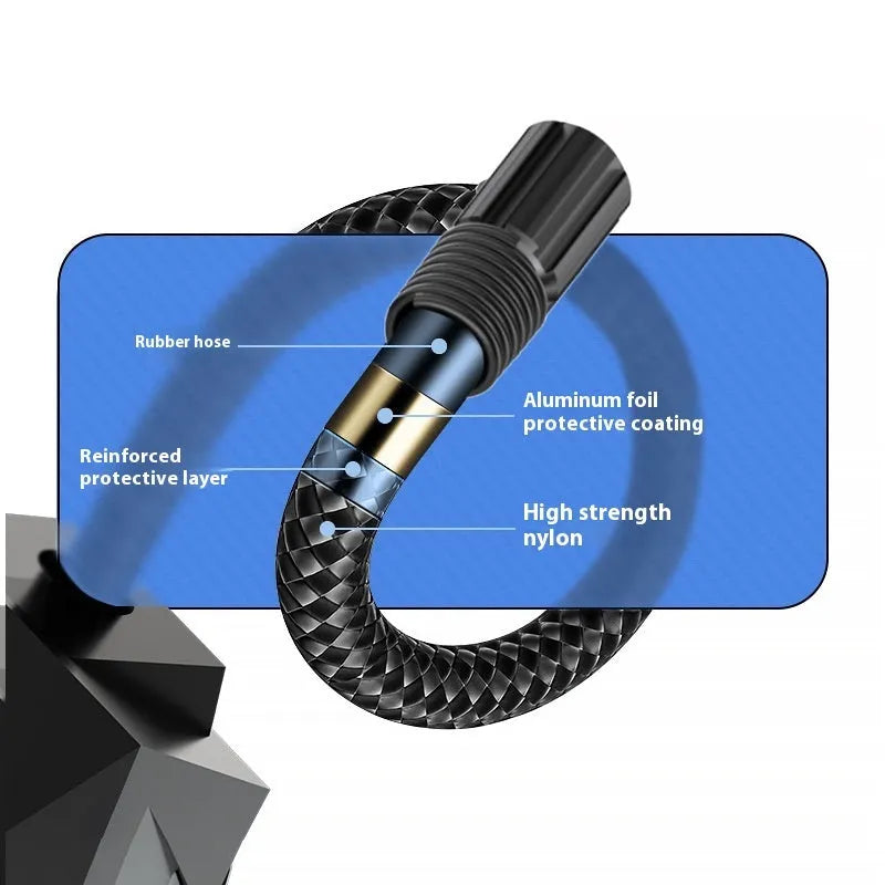Black 12V portable digital tyre inflator with LED light and digital display, shown with its power cord and inflation hose.