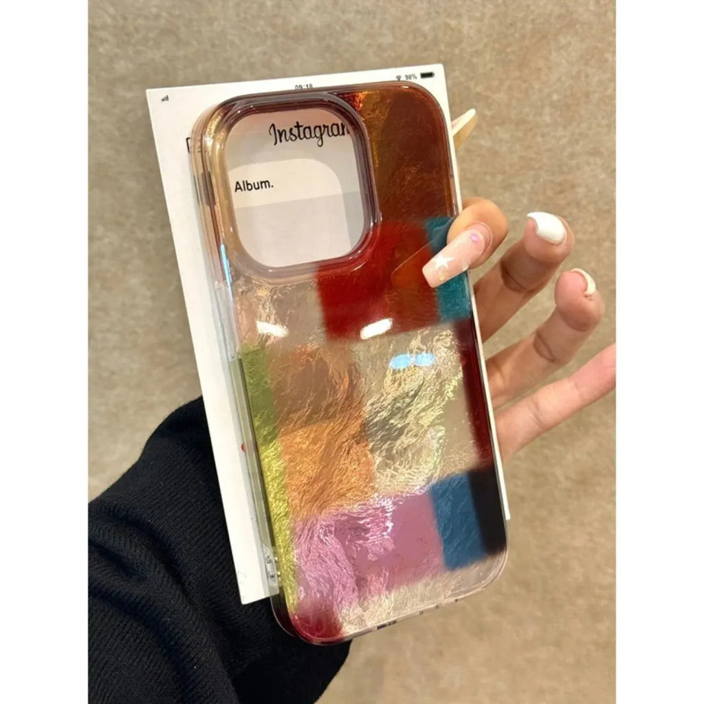 Corrugated multi-colour blocks iPhone case in frosted PC with glacier pattern, square grid stitching or abstract red ripple