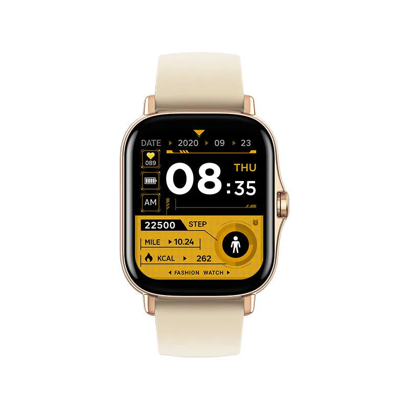 GT20 smartwatch in black on wrist showing heart rate monitoring on screen