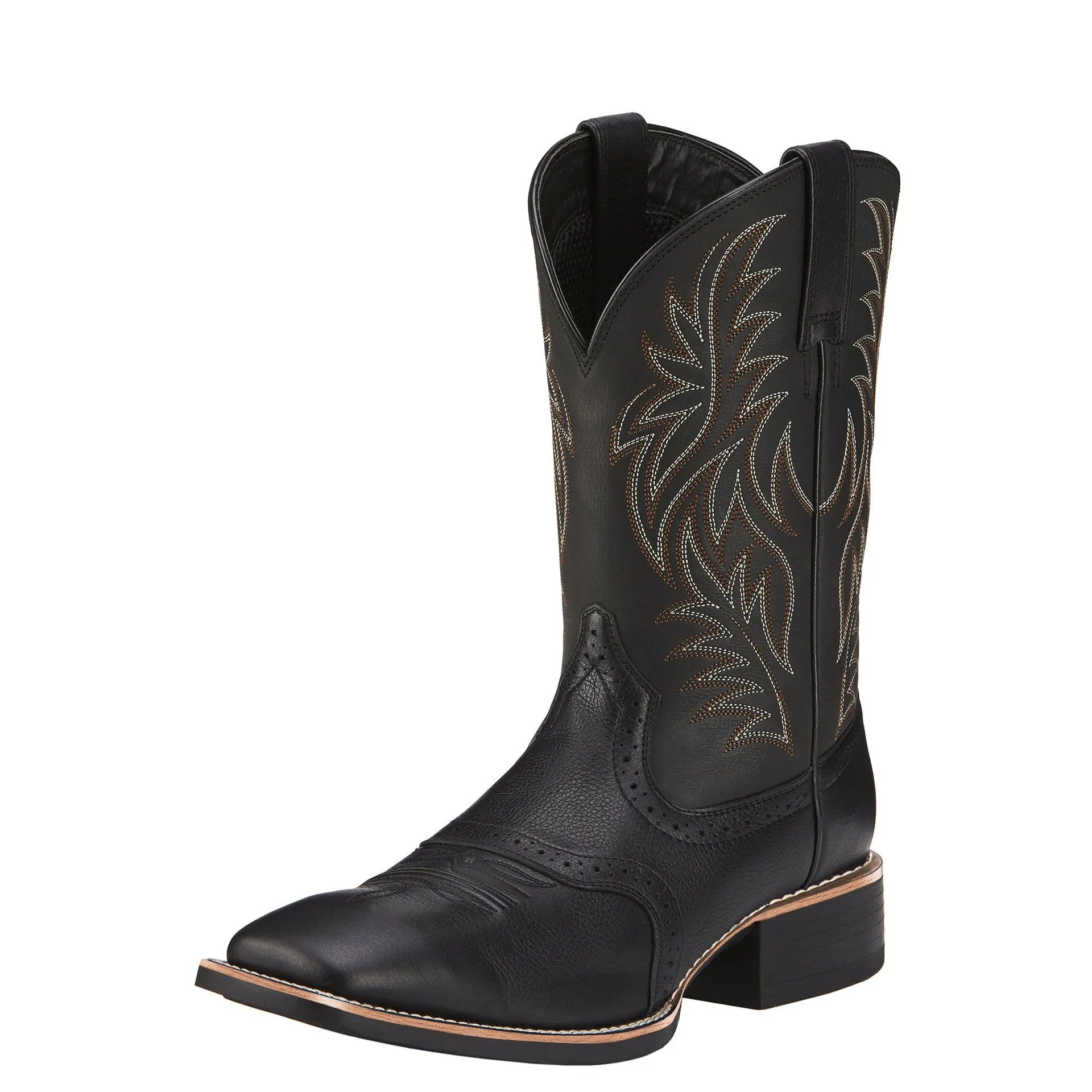 Black men's cowboy boots with detailed embroidery and stitching, square toe, and a low horseshoe heel.