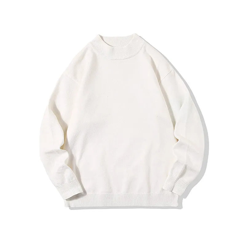 Men's loose-fitting round neck pullover sweater in solid colour with long sleeves