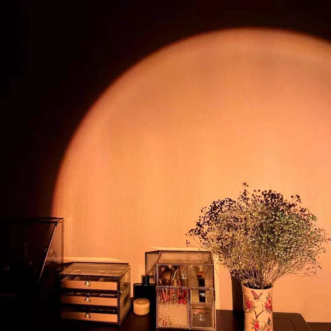 USB rechargeable rainbow projection lamp showing sunset red colour patterns for atmospheric lighting