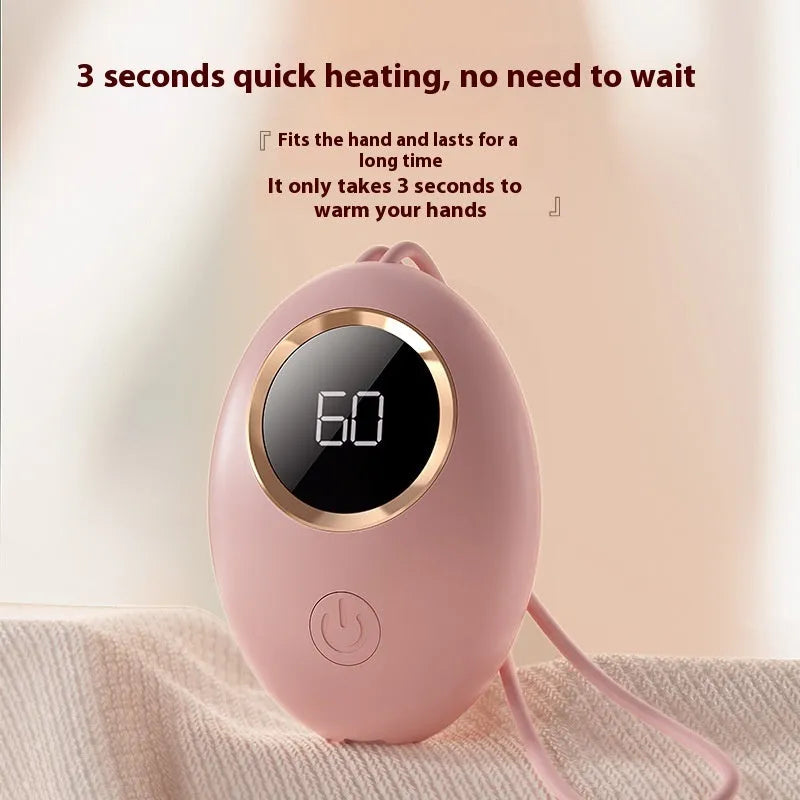 A portable hand warmer power bank with a digital display, shown in one of six available colours.