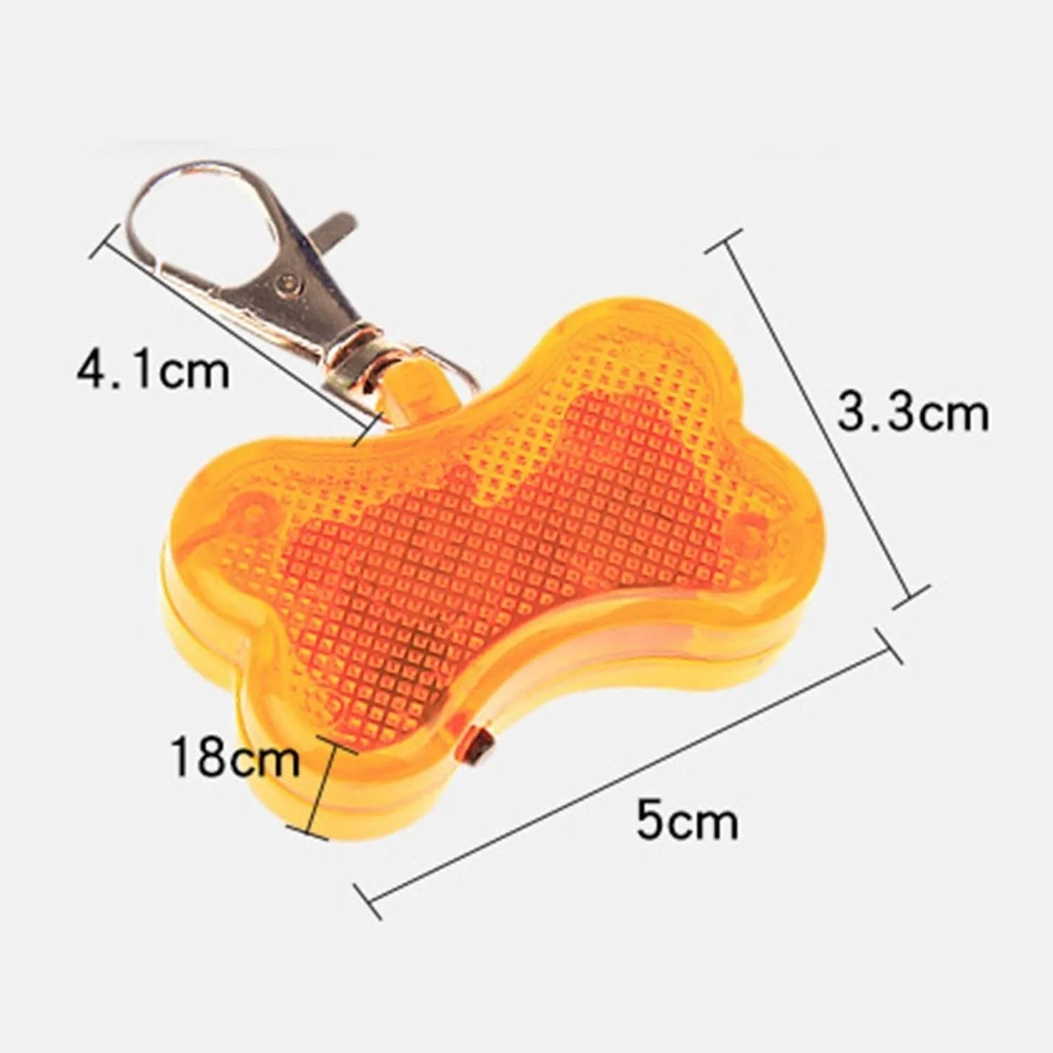 Blue LED luminous bone-shaped pendant for pet collars, shown with LR44 batteries.