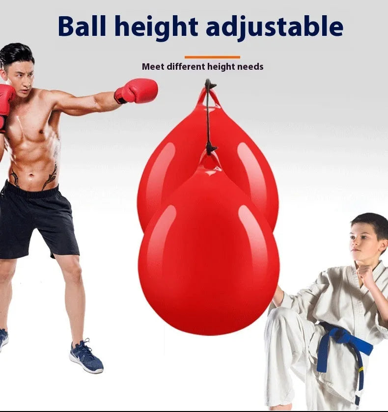Red water-filled PVC boxing reaction ball with hook rope sling for combat sports training