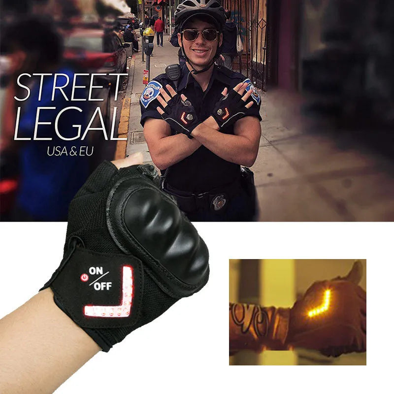 Turn auto sensing sport riding gloves with LED lights in black, anti-skid palm, three sizes M L XL