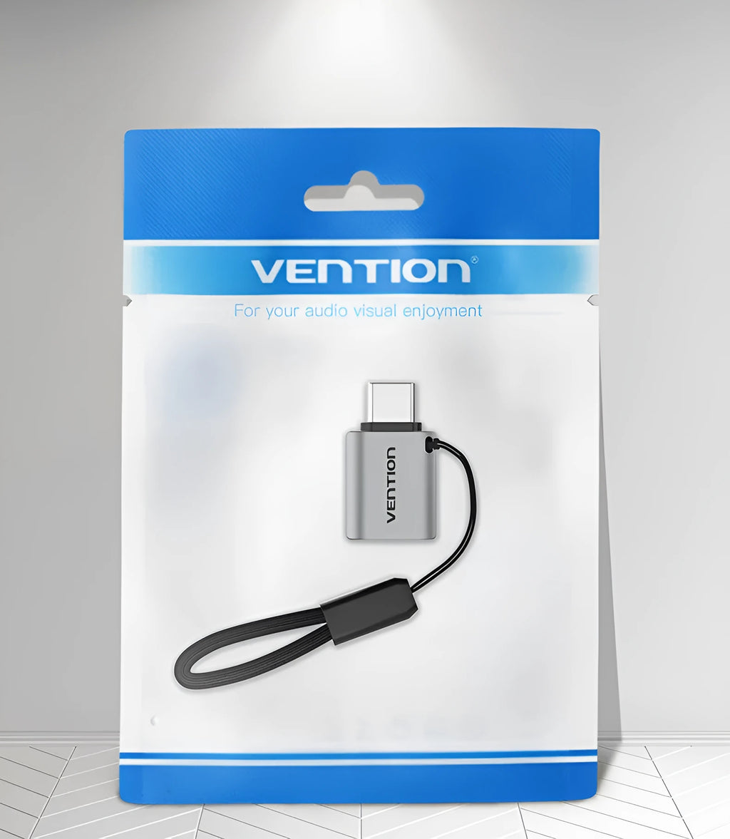 Grey aluminium USB 3.0 Type-C male to Type-A female OTG adapter with attached lanyard