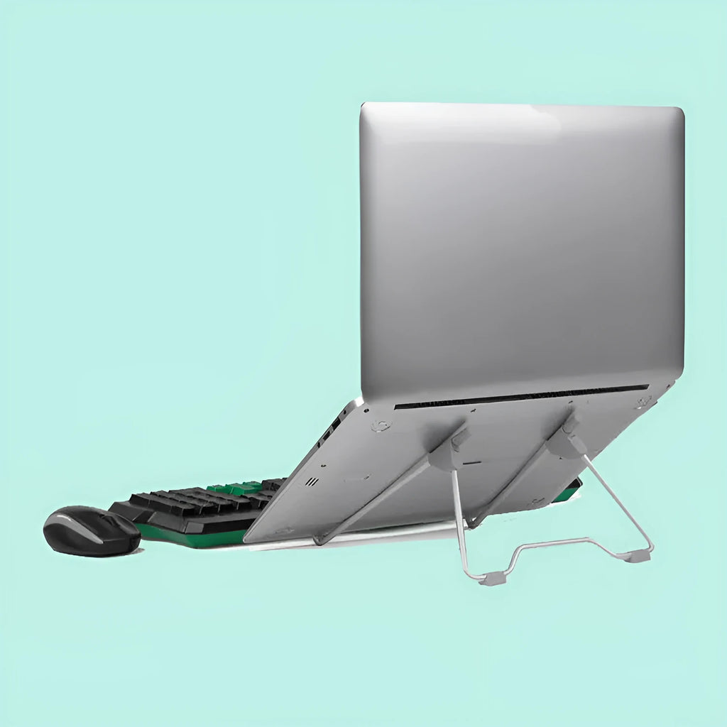 Grey aluminium alloy and engineering plastic adjustable stand holding a mobile phone and a laptop.