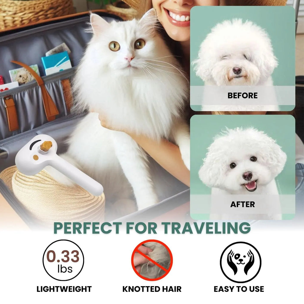 White pet grooming brush with water spray and steam function for dogs and cats