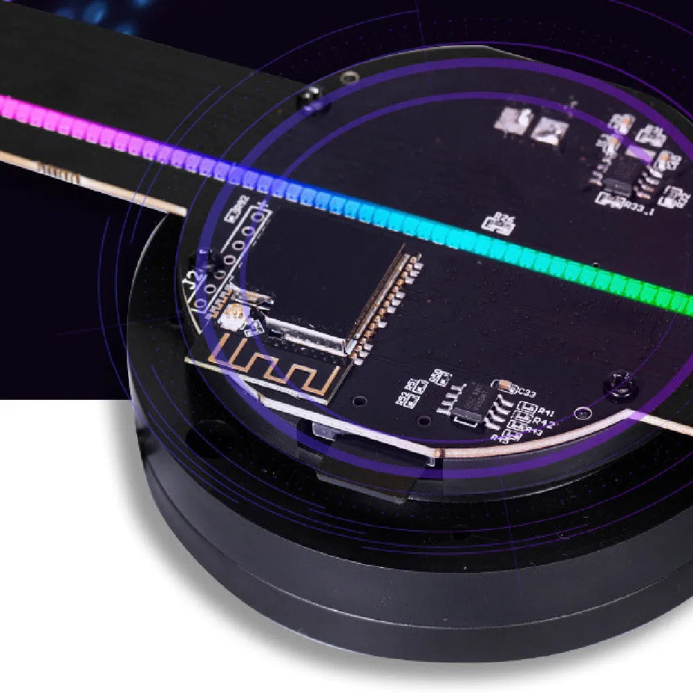 Black 3D holographic advertising fan screen displaying a vibrant floating image, shown with a mobile phone for app control.
