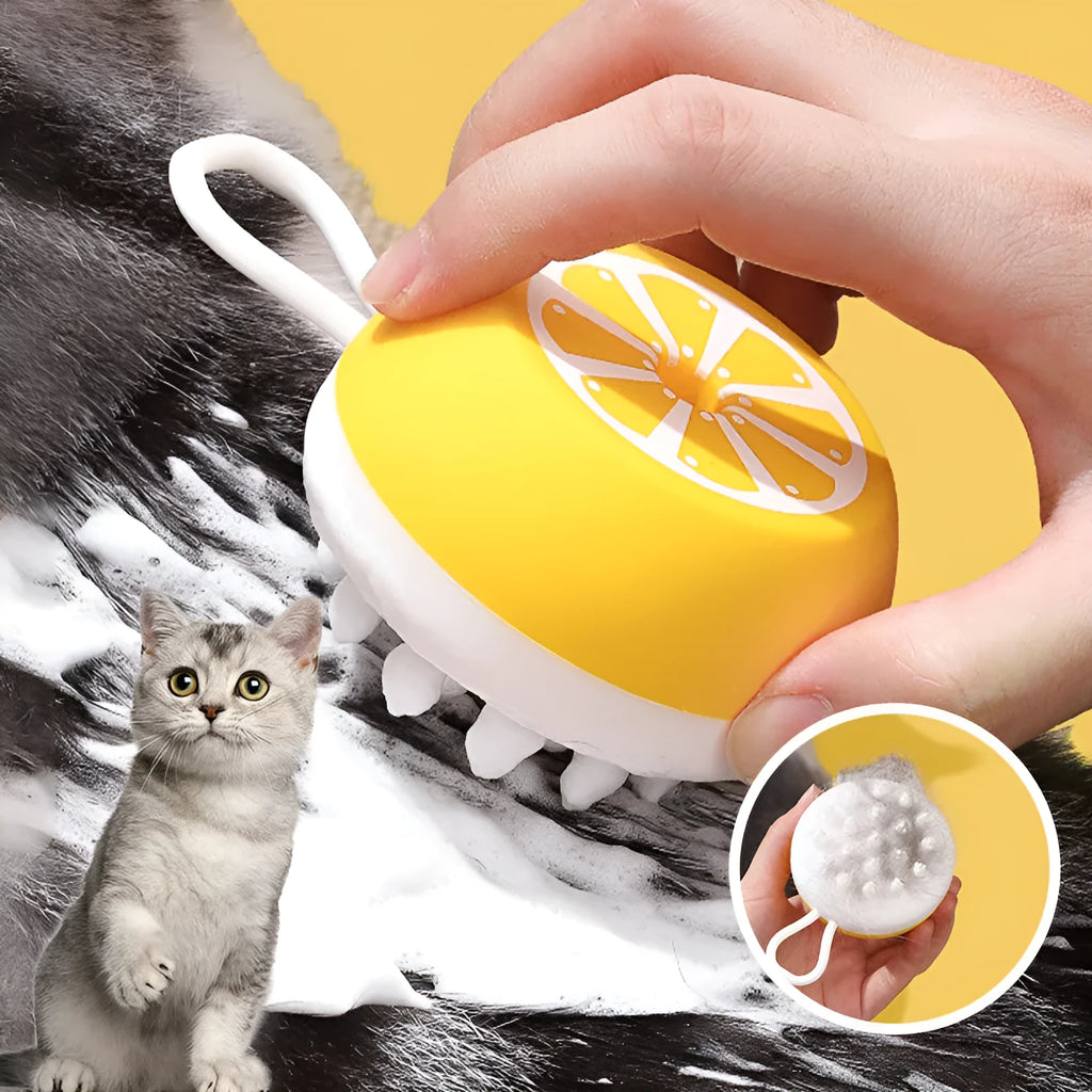 Yellow silicone pet bath brush with comb teeth and rounded massage nodes for dog and cat washing
