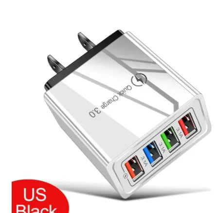 Simple Luminous 4-port USB wall charger with UK plug, showing four blue USB ports and power light.