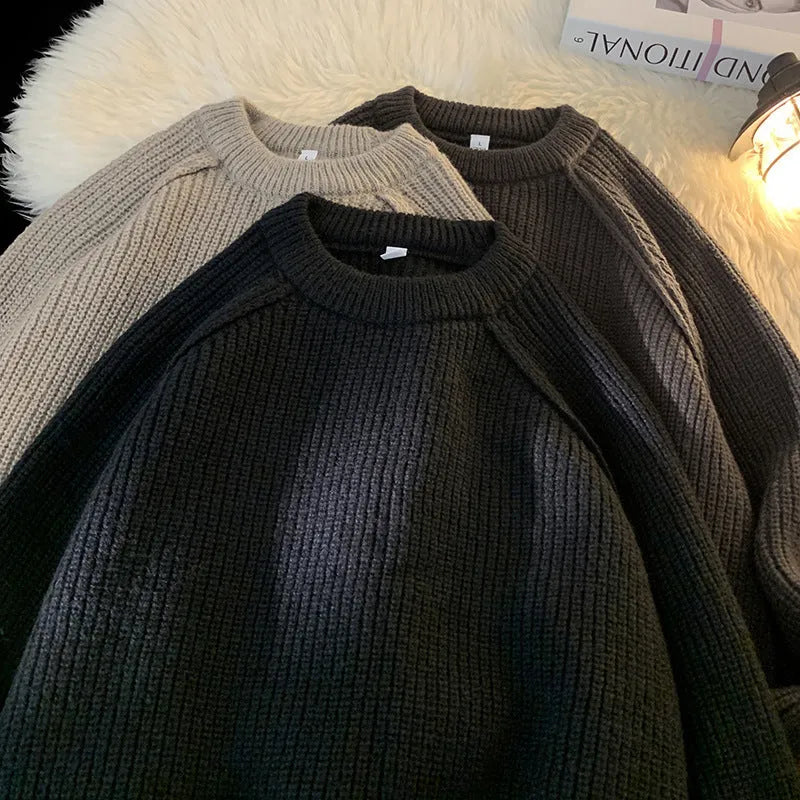 Men's loose fit plain pullover sweater with long sleeves in black, brown or greige, sizes M to XXL
